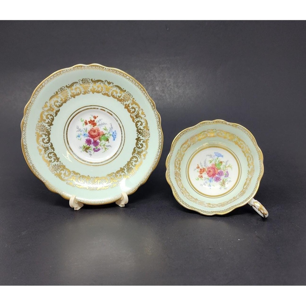 Vtg Paragon Bone China Tea Cup & Saucer Double Warrant Mint Green/Gold w Flowers
